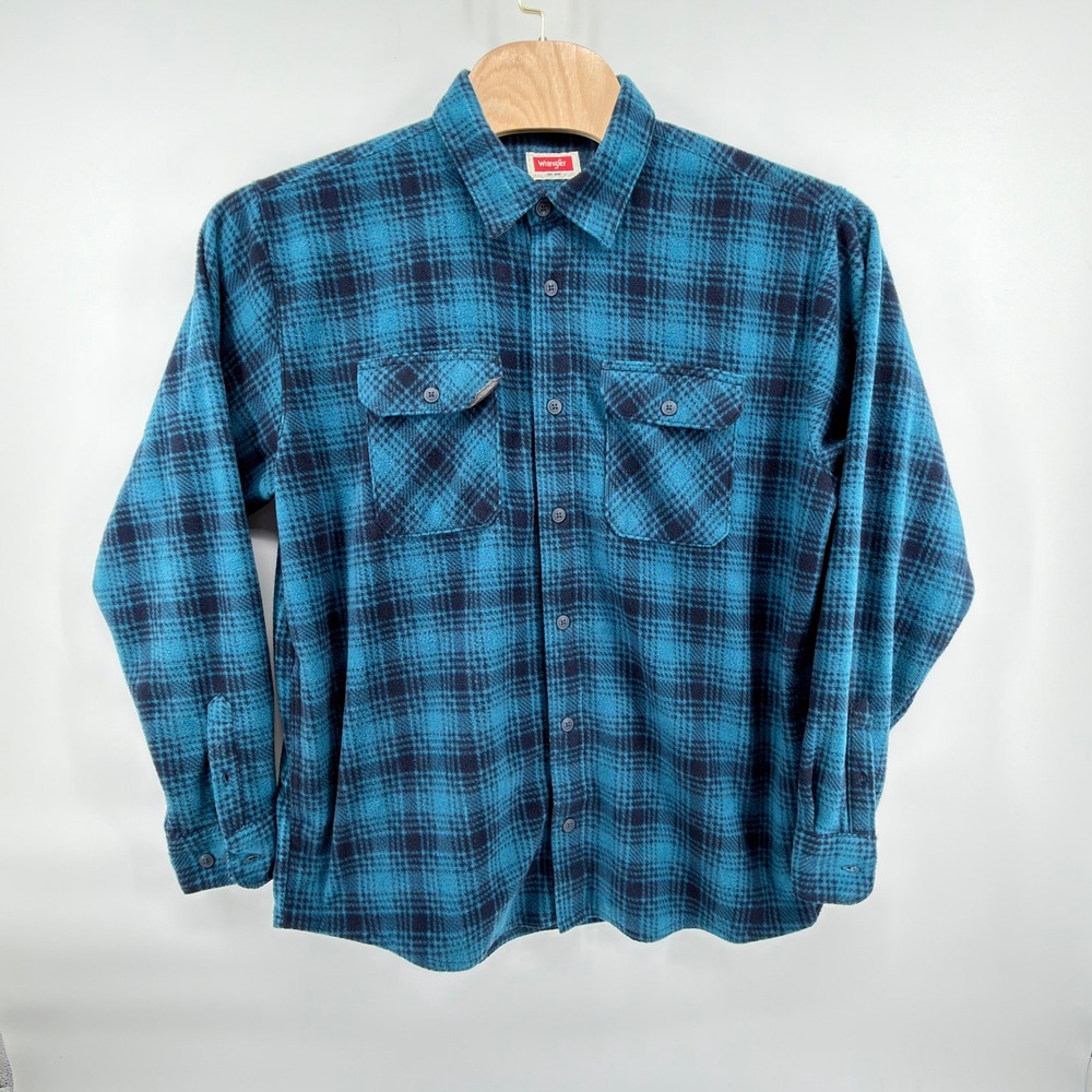Wrangler Fleece Shirt Mens XL Blue Black Plaid Long Sleeve Button Up Outdoor